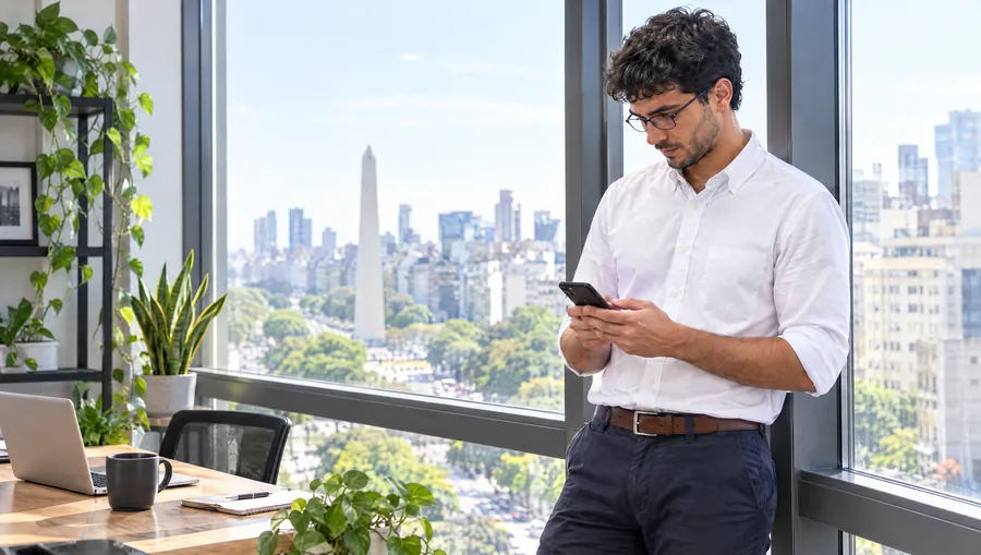El profesional de Estudio TREO, junto a la ventana de la oficina, mira en el celular las fotos de un taller que le mandó un cliente