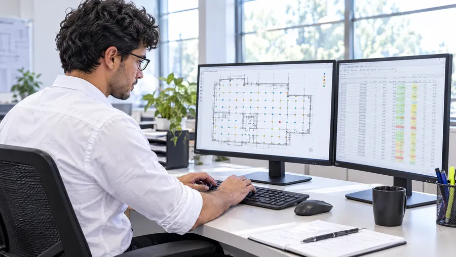 El profesional de Estudio TREO arma en la computadora el plano con la grilla de puntos medidos y la planilla de valores, en dos monitores